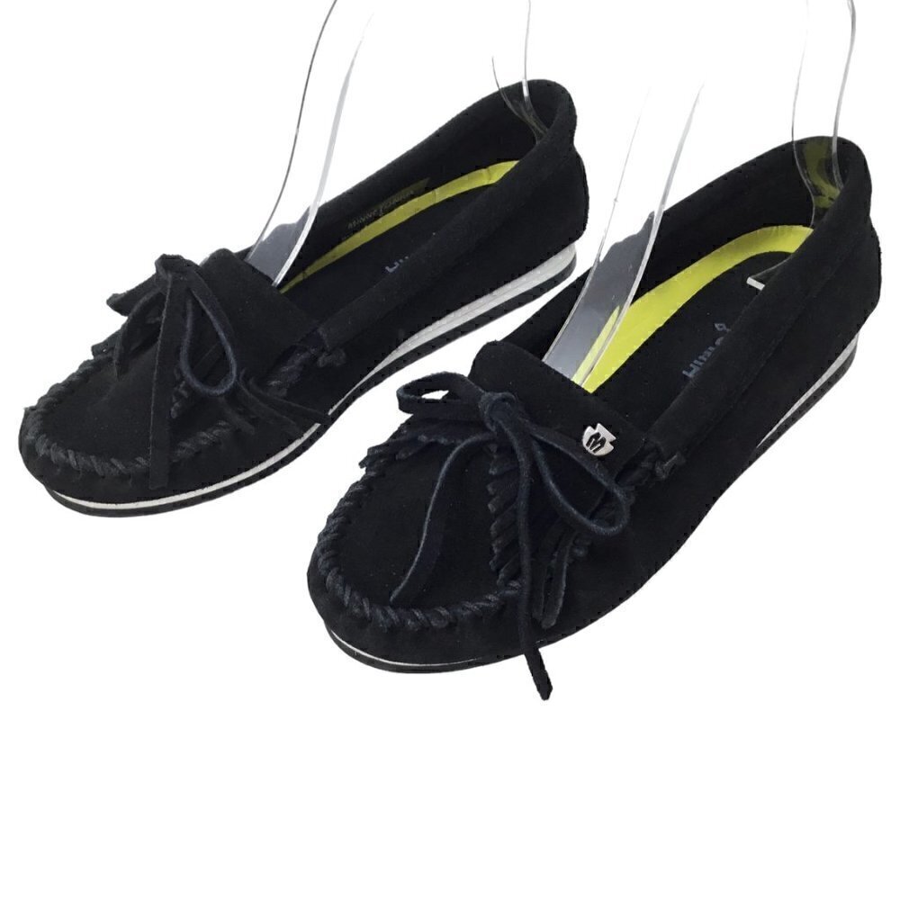 Minnetonka Moccasins Black Kilty Fringe Suede Hardsole Size 5.5 Driving Moc 4300